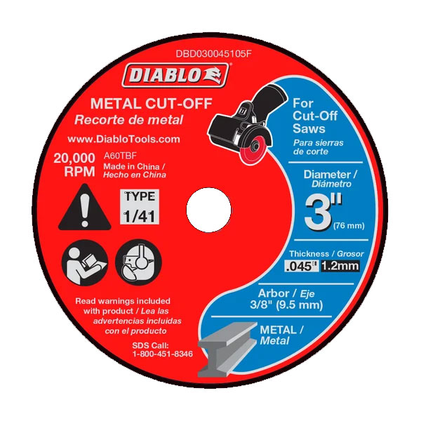 Main 2 - Cut Off Wheel Metal 3"x.045x3/8" Type 1/41 Cutt Off Disc Diablo DBD030045105F - San Antonio Retail
