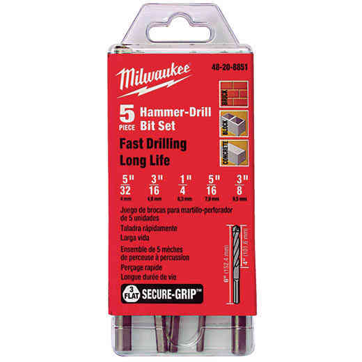 Main 4 - Drill*D*Bit Set Percussion 5Pc Kit 5/32"-3/8" Milwaukee 48-20-8851/9051 - San Antonio Retail