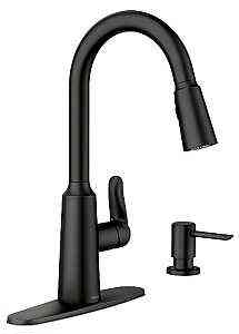 Main 1 - Faucet Moen Kitchen 1 Handle Black Pull Down Spray w/ Soap Dispenser Edwyn 87028BL - San Antonio Retail