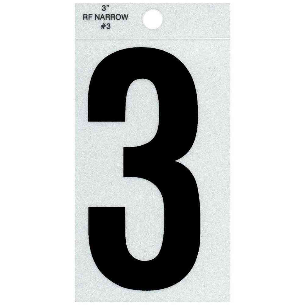 Main 1 - Straight Narrow Reflective Number, 3", Character: 3, Black - San Antonio Retail
