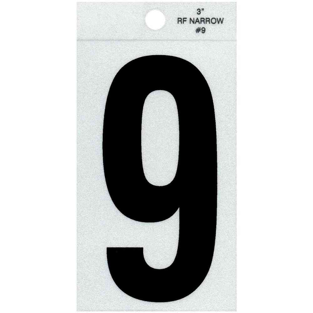 Main 1 - Straight Narrow Reflective Number, 3", Character: 9, Black - San Antonio Retail