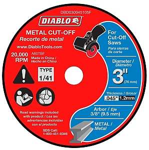 Main 1 - Cut Off Wheel Metal 3"x.045x3/8" Type 1/41 Cutt Off Disc Diablo DBD030045105F - San Antonio Retail